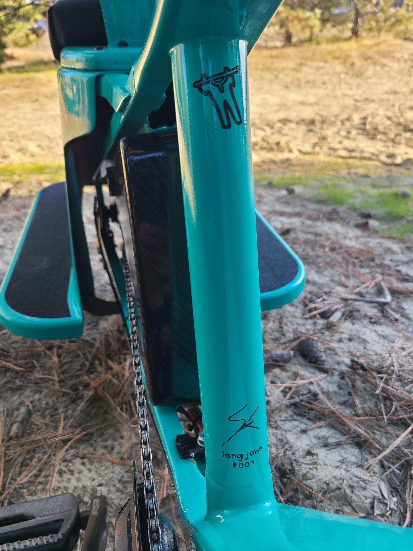 Seat tube of Long John all-terrain cargo bike with customised order and signature graphics