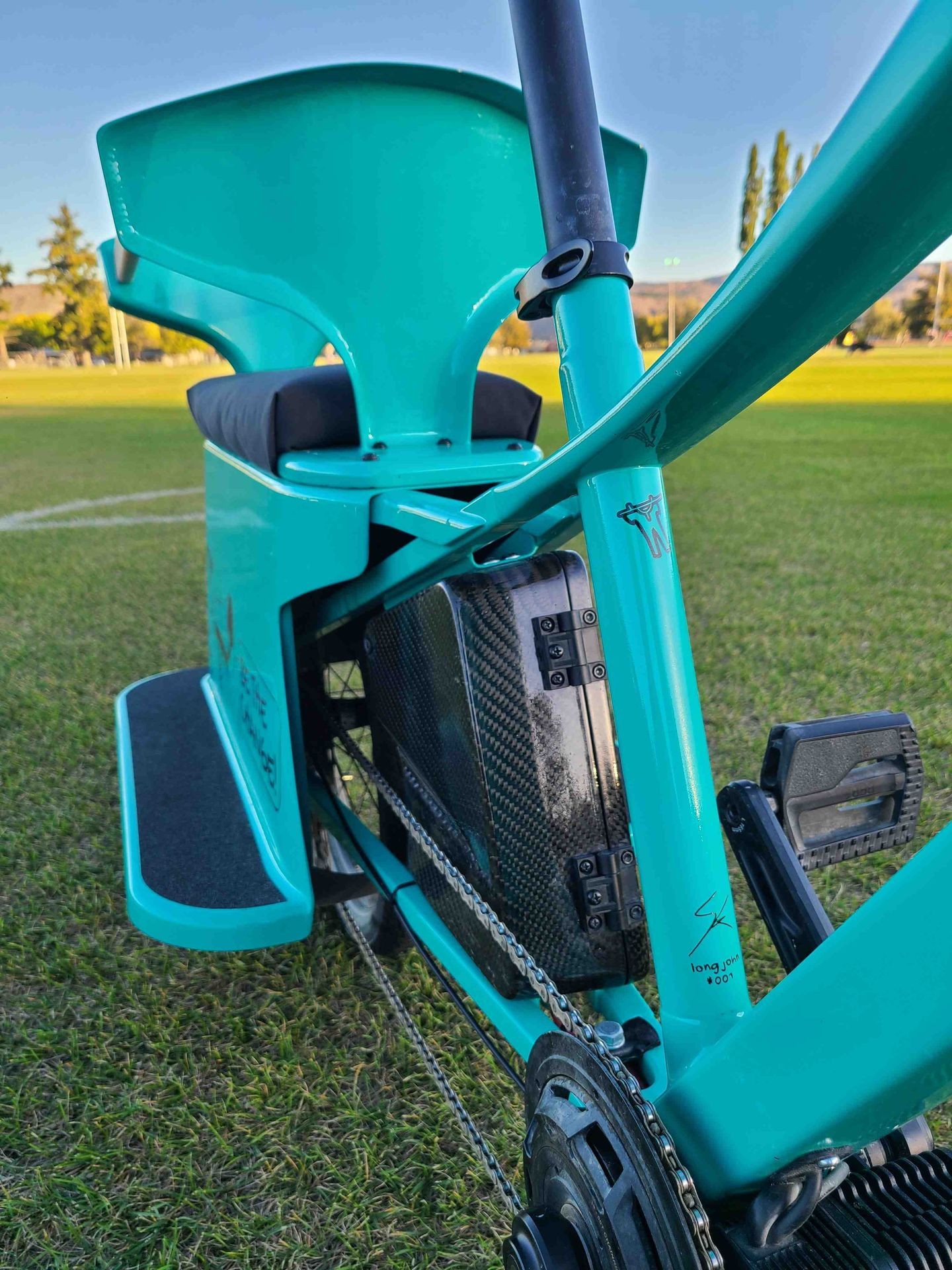 Seat tube and rear cargo arrangement on Long John all-terrain cargo bike