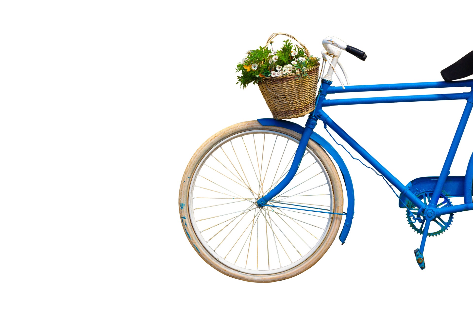 Blue old vintage road bike with flowers in the bike basket